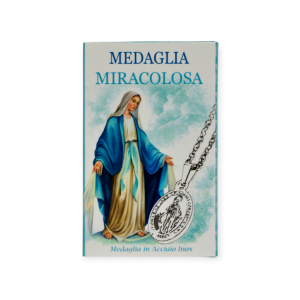 Fronte Scatola Medaglia Miracolosa in acciaio inox con immagine della Madonna e scritta “Regina Sine Labe Originali Concepta O.P.N. 1830”