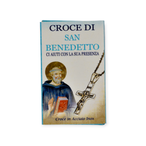 Croce di San Benedetto in acciaio inox con catenina - Fronte confezione