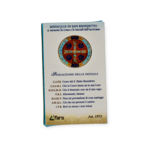 Croce di San Benedetto in acciaio inox con catenina - Retro confezione
