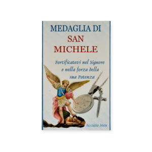 Medaglia di San Michele in acciaio inox con catenina e spada - Fronte confezione
