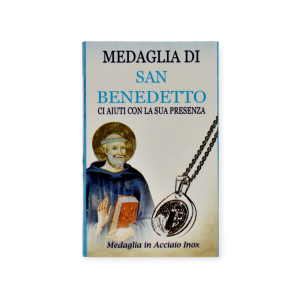 Medaglia di San Benedetto in acciaio inox con catenina- Fronte Confezione